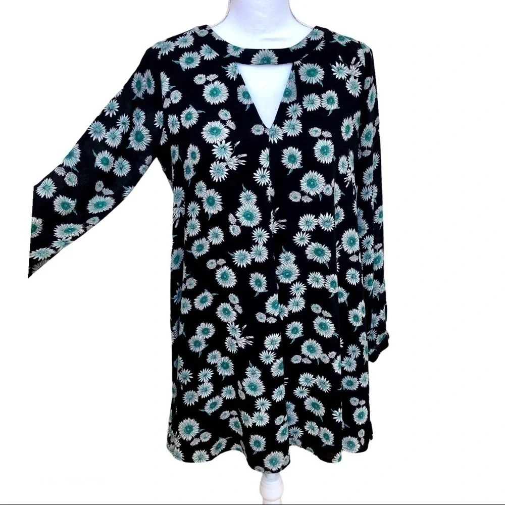 Black & Teal Floral Babydoll Dress Long Sleeves Size XS